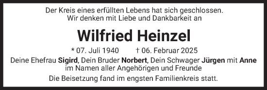 Traueranzeige von Wilfried Heinzel von merkurtz