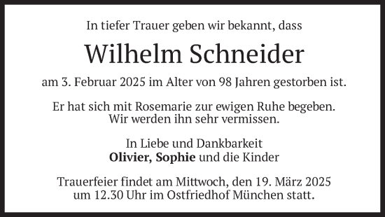 Traueranzeige von Wilhelm Schneider von merkurtz