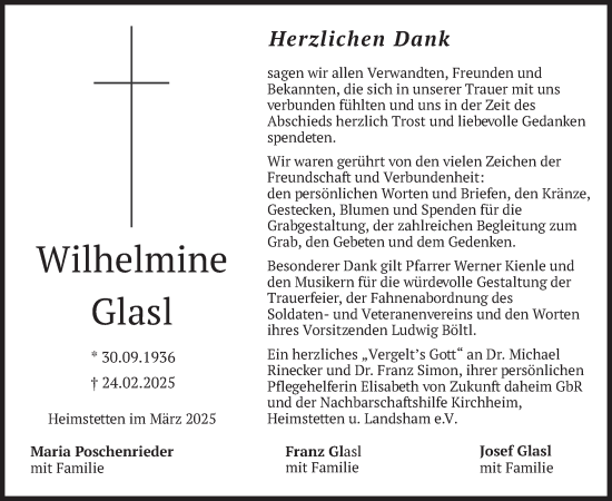 Traueranzeige von Wilhelmine Glasl von merkurtz
