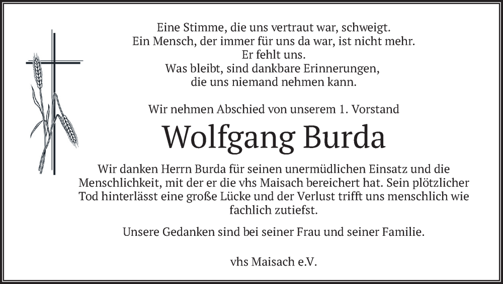  Traueranzeige für Wolfgang Burda vom 01.03.2025 aus merkurtz