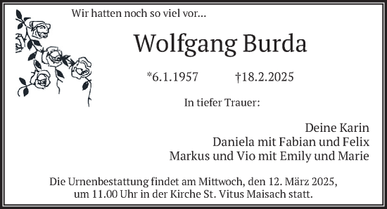 Traueranzeige von Wolfgang Burda von merkurtz