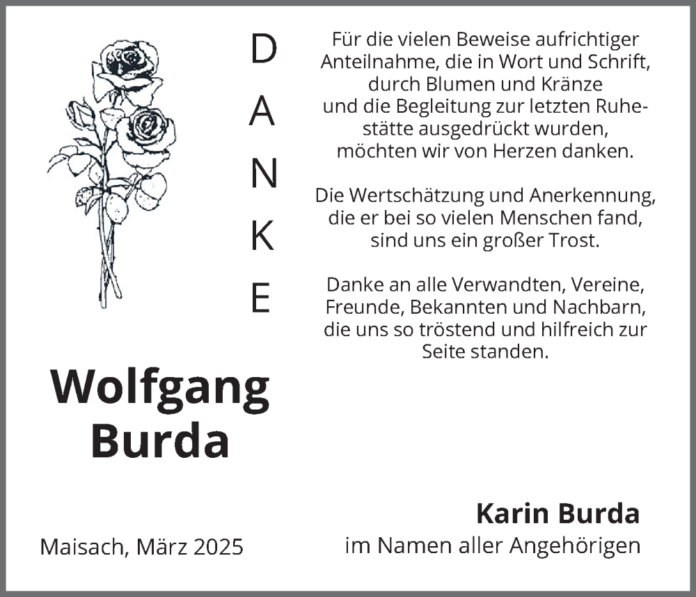  Traueranzeige für Wolfgang Burda vom 22.03.2025 aus merkurtz