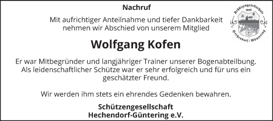 Traueranzeige von Wolfgang Kofen von merkurtz