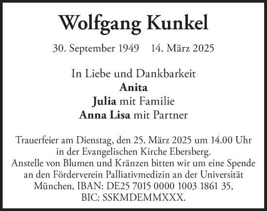 Traueranzeige von Wolfgang Kunkel von merkurtz