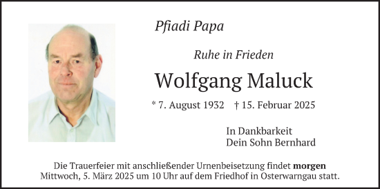 Traueranzeige von Wolfgang Maluck von merkurtz