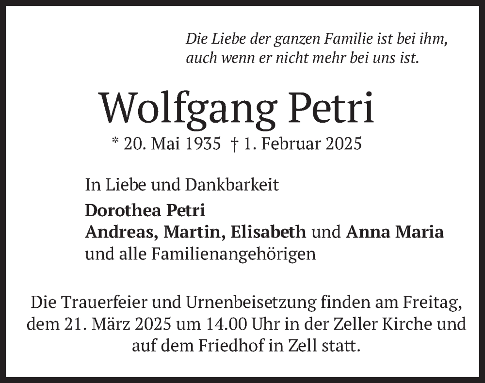 Traueranzeige für Wolfgang Petri vom 15.03.2025 aus merkurtz