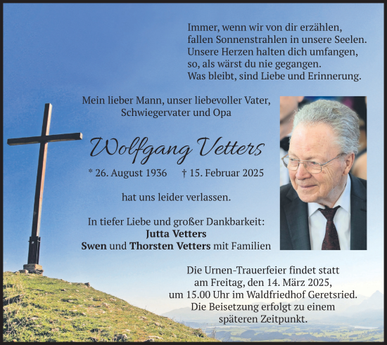 Traueranzeige von Wolfgang Vetters von merkurtz