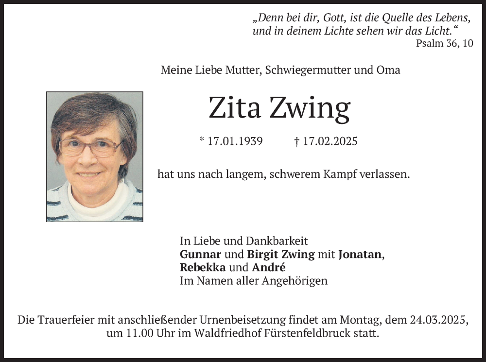  Traueranzeige für Zita Zwing vom 15.03.2025 aus merkurtz
