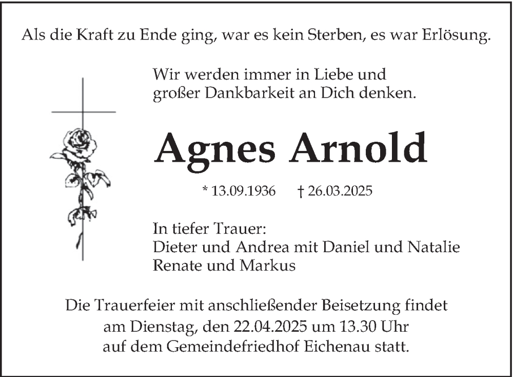  Traueranzeige für Agnes Arnold vom 12.04.2025 aus merkurtz