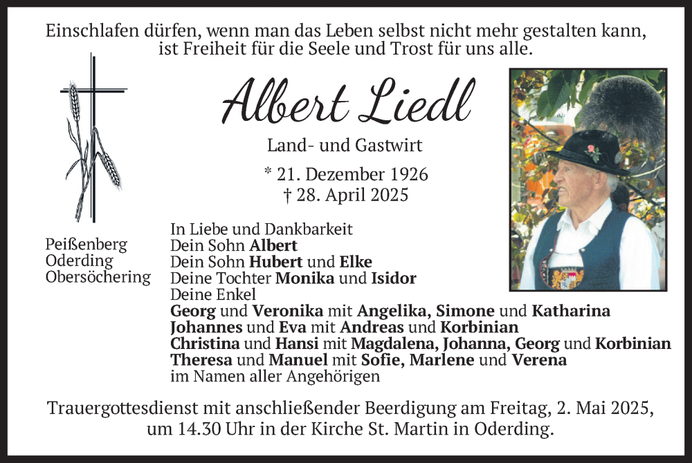  Traueranzeige für Albert Liedl vom 30.04.2025 aus merkurtz