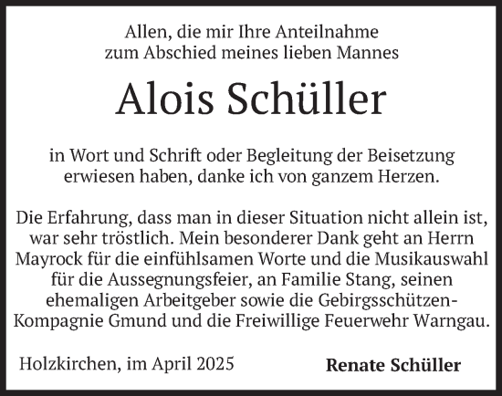 Traueranzeige von Alois Schüller von merkurtz