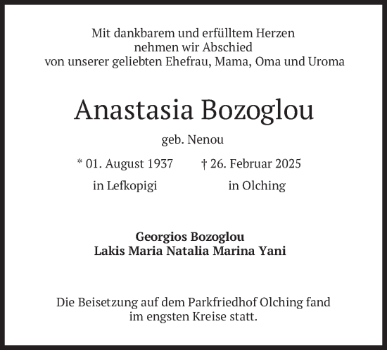 Traueranzeige von Anastasia Bozoglou von merkurtz