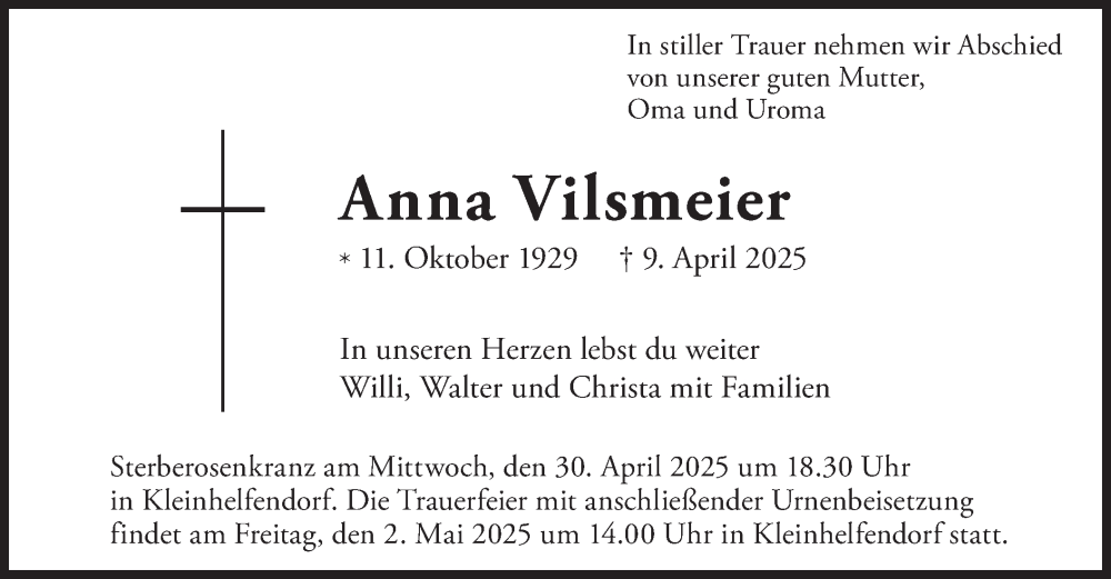  Traueranzeige für Anna Vilsmeier vom 26.04.2025 aus merkurtz