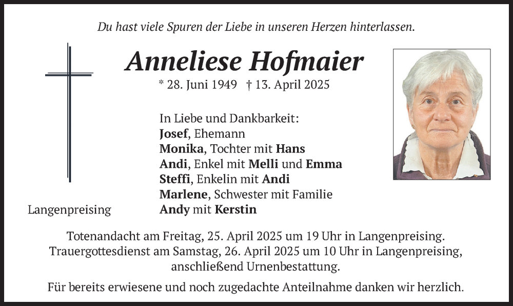  Traueranzeige für Anneliese Hofmaier vom 23.04.2025 aus merkurtz