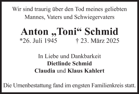 Traueranzeige von Anton Schmid von merkurtz