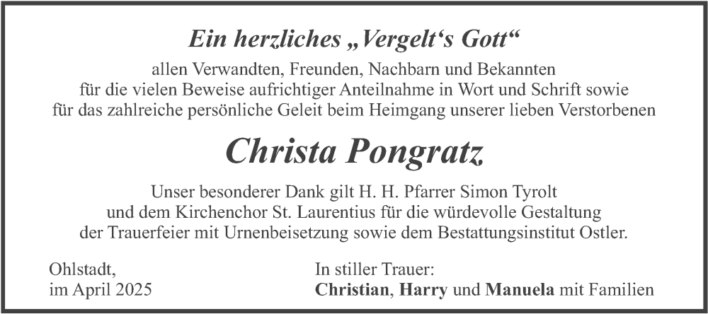  Traueranzeige für Christa Pongratz vom 12.04.2025 aus merkurtz