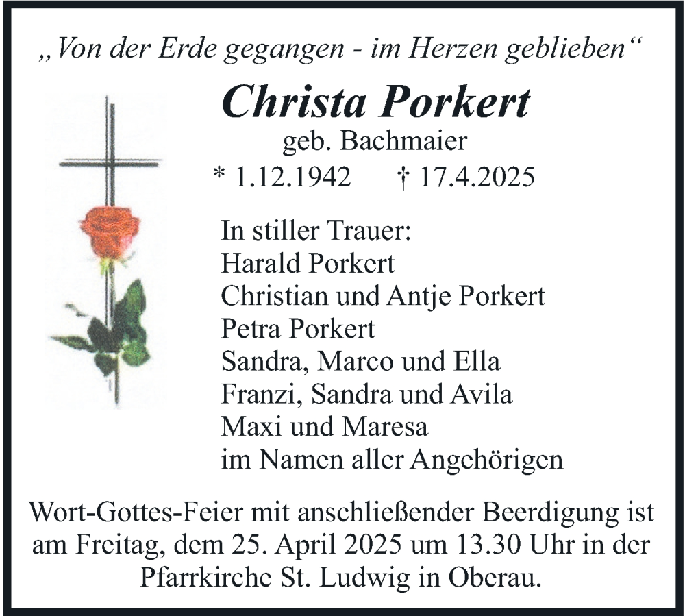  Traueranzeige für Christa Porkert vom 23.04.2025 aus merkurtz