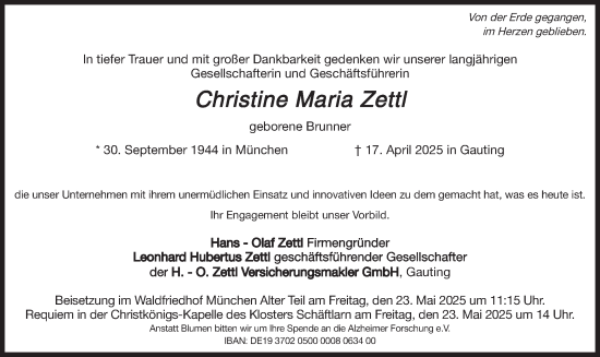 Traueranzeige von Christine Maria Zettl von merkurtz
