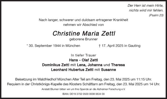 Traueranzeige von Christine Maria Zettl von merkurtz