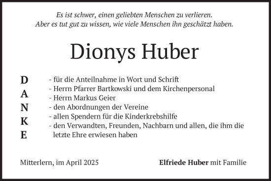 Traueranzeige von Dionys Huber von merkurtz