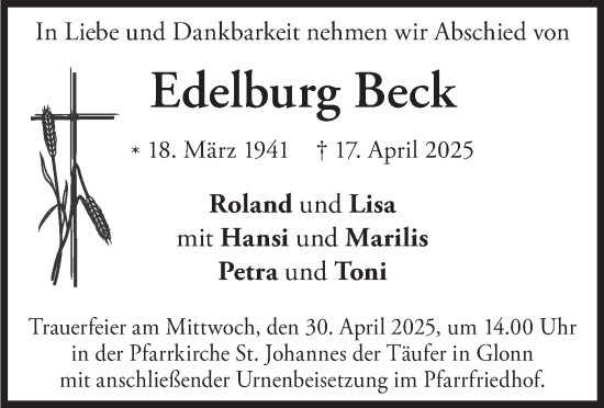 Traueranzeige von Edelburg Beck von merkurtz