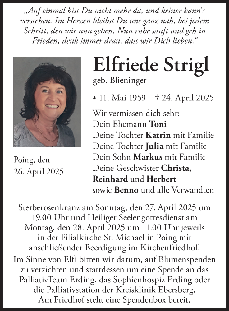  Traueranzeige für Elfriede Strigl vom 26.04.2025 aus merkurtz
