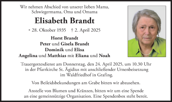Traueranzeige von Elisabeth Brandt von merkurtz