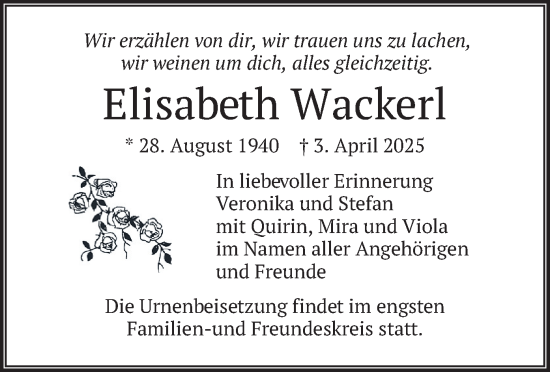 Traueranzeige von Elisabeth Wackerl von merkurtz