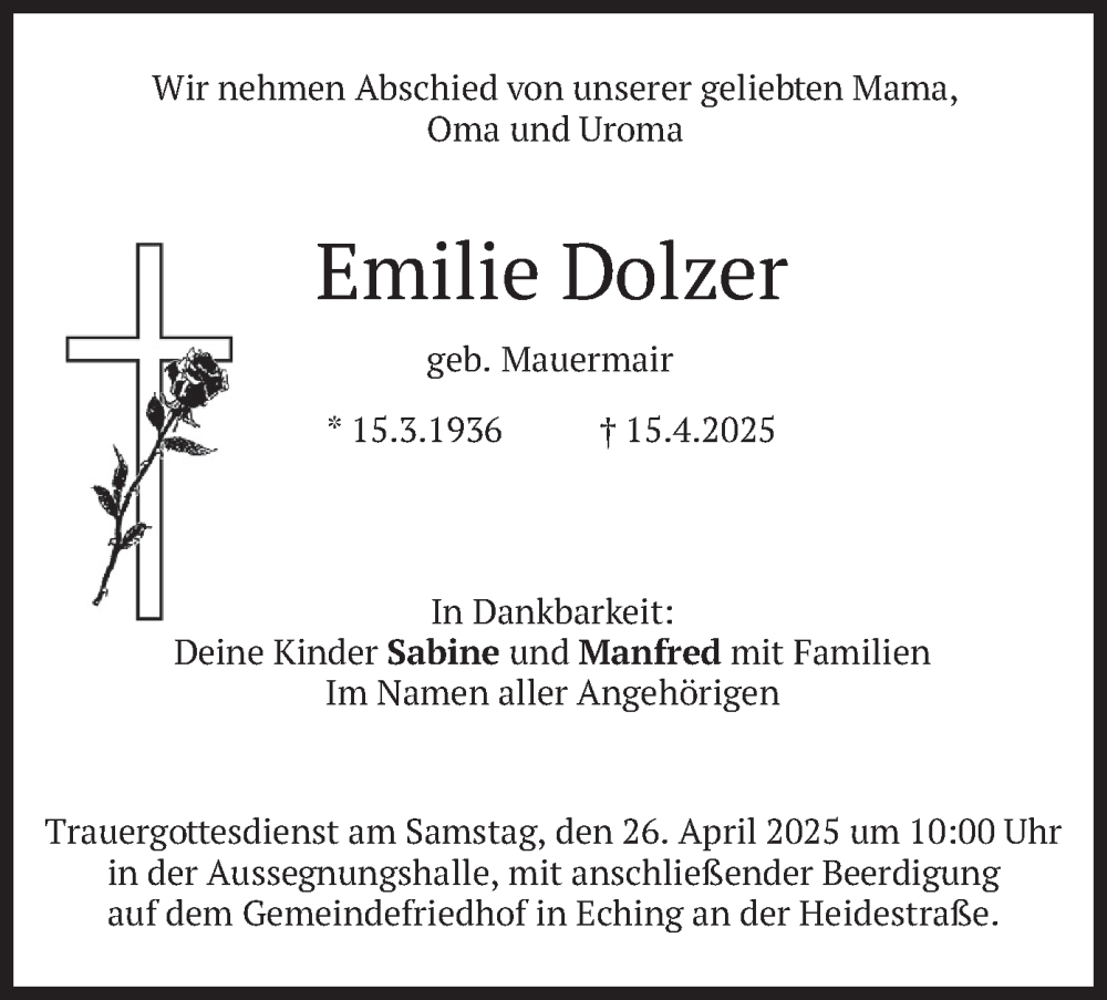  Traueranzeige für Emilie Dolzer vom 19.04.2025 aus merkurtz