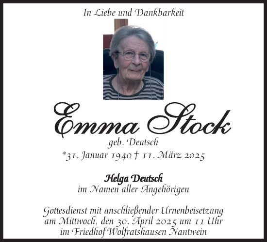 Traueranzeige von Emma Stock von merkurtz