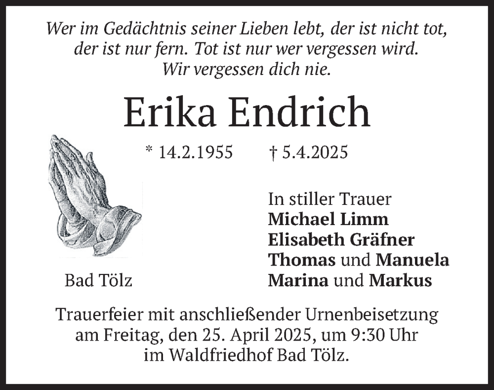  Traueranzeige für Erika Endrich vom 19.04.2025 aus merkurtz