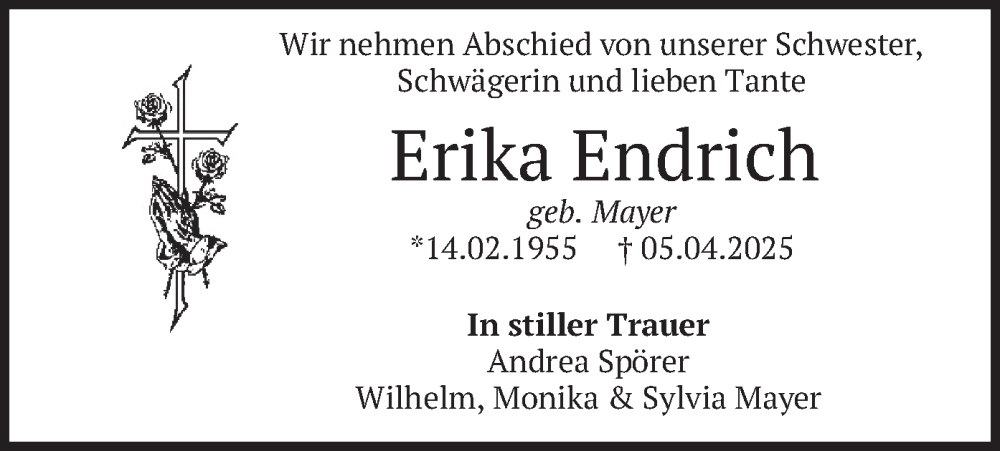  Traueranzeige für Erika Endrich vom 26.04.2025 aus merkurtz