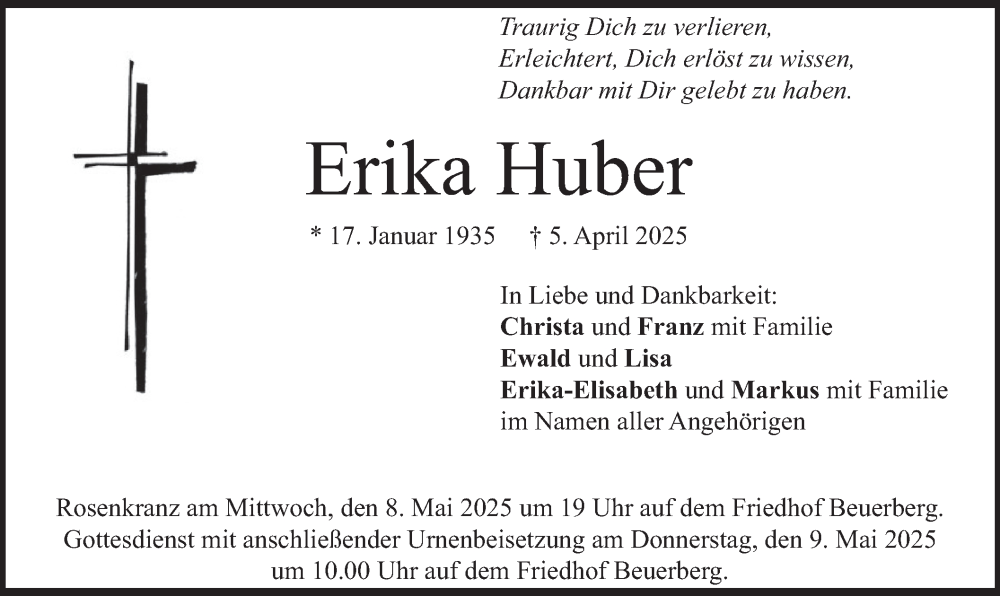  Traueranzeige für Erika Huber vom 26.04.2025 aus merkurtz
