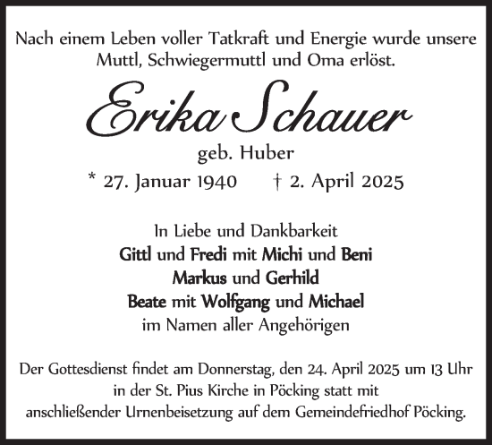 Traueranzeige von Erika Schauer von merkurtz