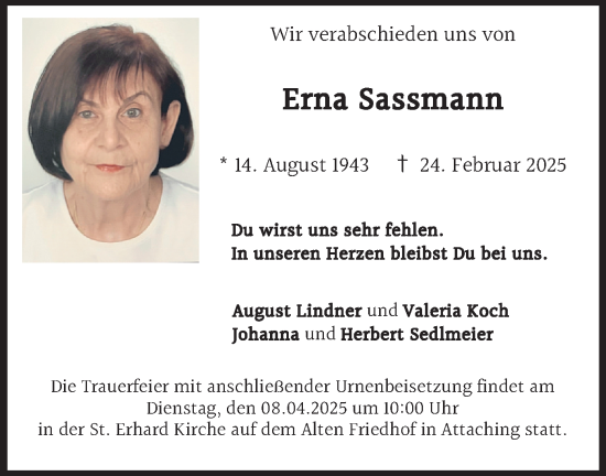 Traueranzeige von Erna Sassmann von merkurtz