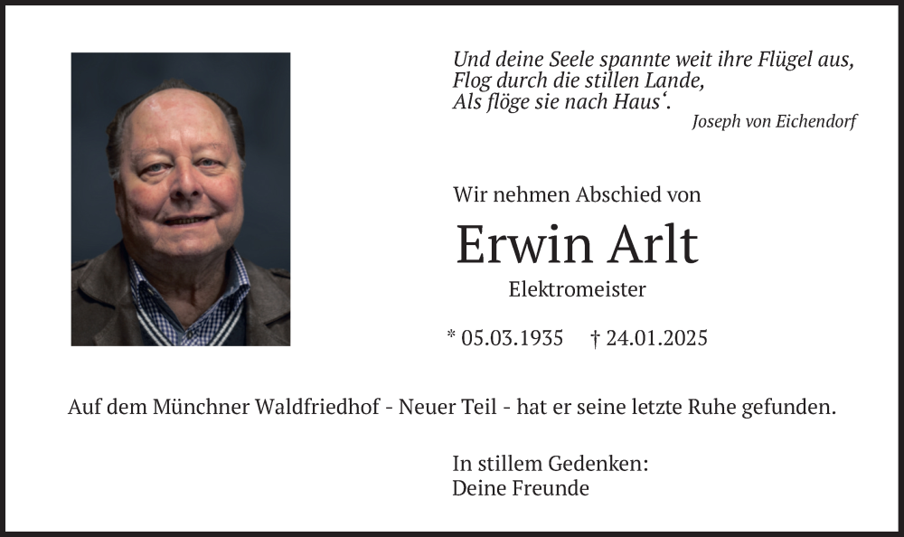  Traueranzeige für Erwin Arlt vom 12.04.2025 aus merkurtz