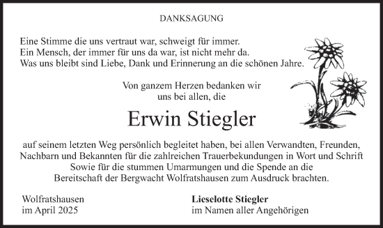Traueranzeige von Erwin Stiegler von merkurtz