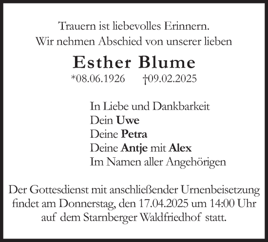 Traueranzeige von Esther Blume von merkurtz