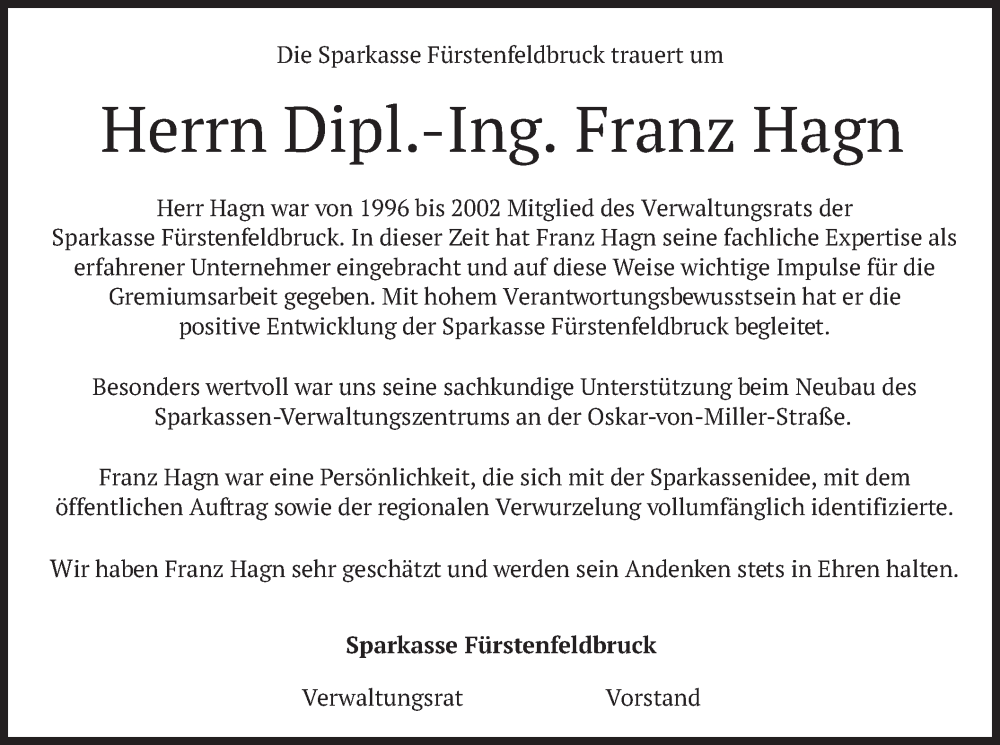  Traueranzeige für Franz Hagn vom 30.04.2025 aus merkurtz