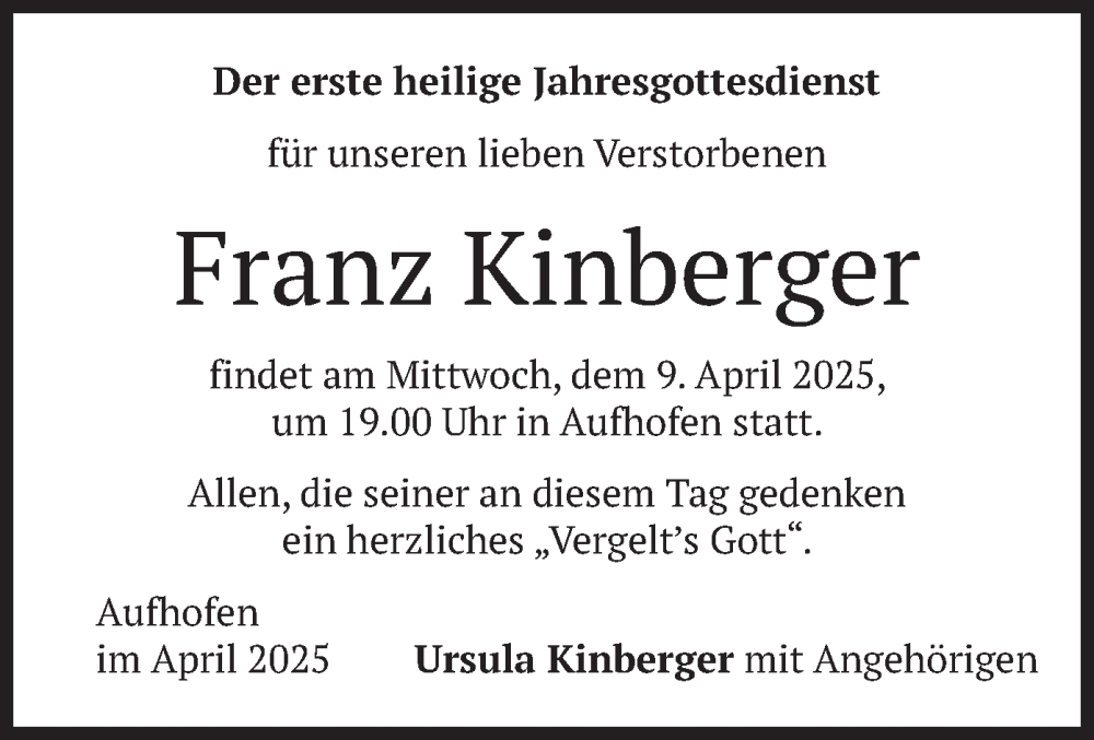  Traueranzeige für Franz Kinberger vom 05.04.2025 aus merkurtz