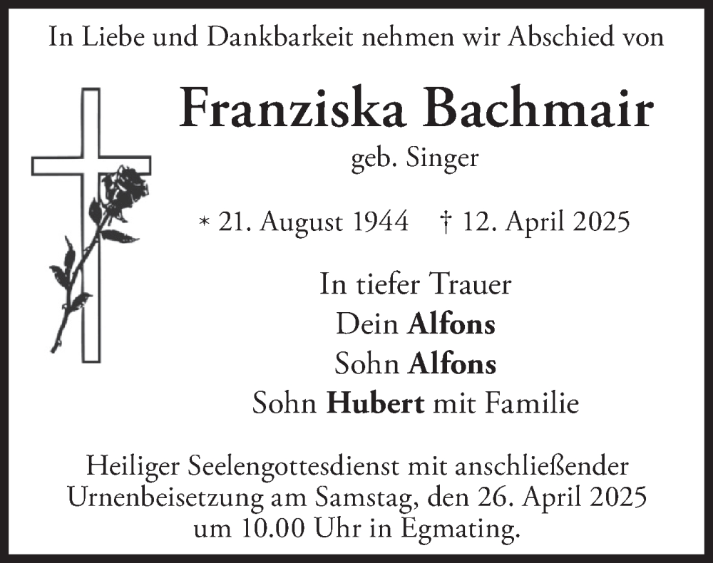  Traueranzeige für Franziska Bachmair vom 19.04.2025 aus merkurtz