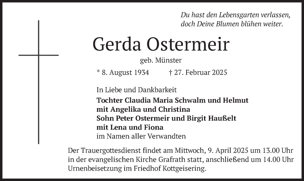  Traueranzeige für Gerda Ostermeir vom 05.04.2025 aus merkurtz