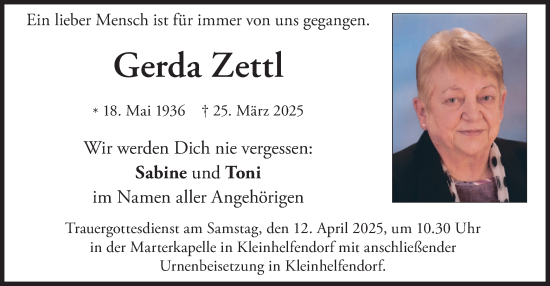 Traueranzeige von Gerda Zettl von merkurtz