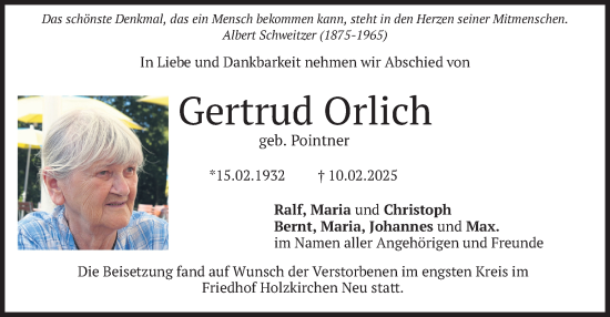 Traueranzeige von Gertrud Orlich von merkurtz