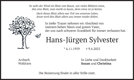 Traueranzeige von Hans-Jürgen Sylvester von merkurtz