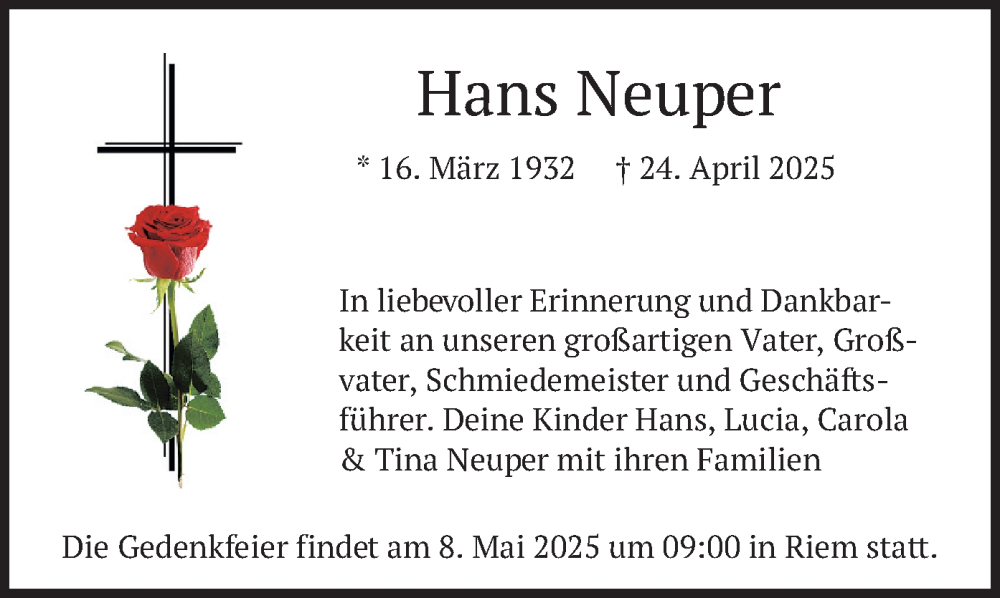  Traueranzeige für Hans Neuper vom 30.04.2025 aus merkurtz