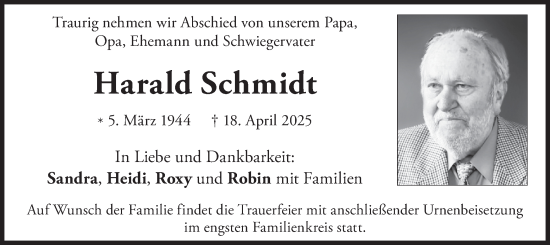 Traueranzeige von Harald Schmidt von merkurtz