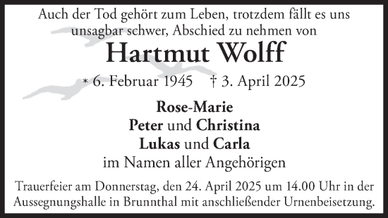 Traueranzeige von Hartmut Wolff von merkurtz