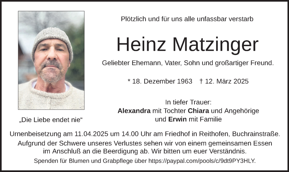  Traueranzeige für Heinz Matzinger vom 07.04.2025 aus merkurtz