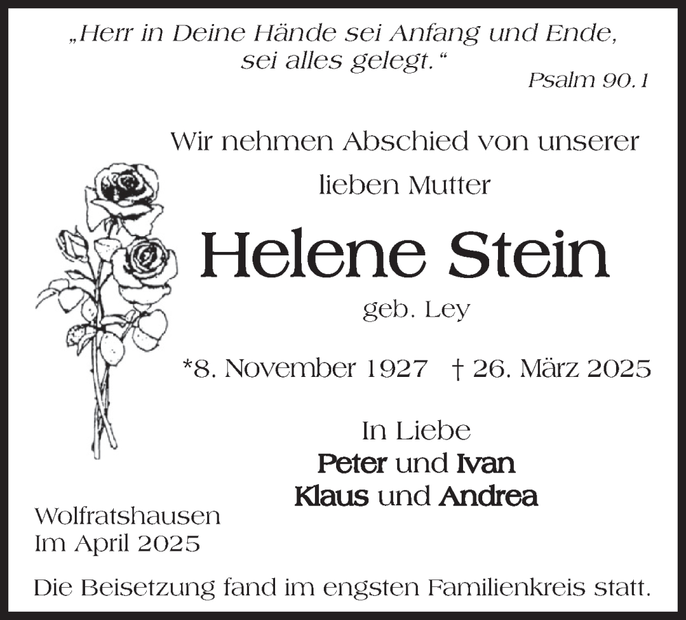  Traueranzeige für Helene Stein vom 19.04.2025 aus merkurtz